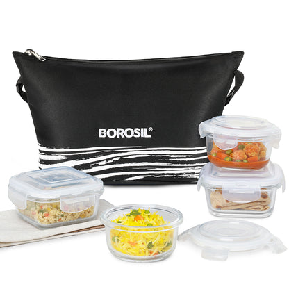 Borosil Steller Black Lunch Bag, Daisy, Set of 4