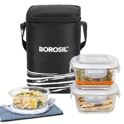 Borosil Steller Black Lunch Bag, Set of 3 (Tall)