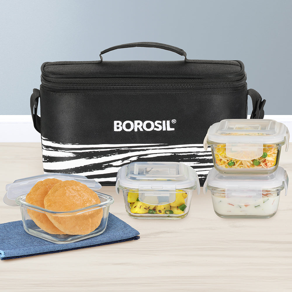 Borosil Steller Black Lunch Bag, Square x 4