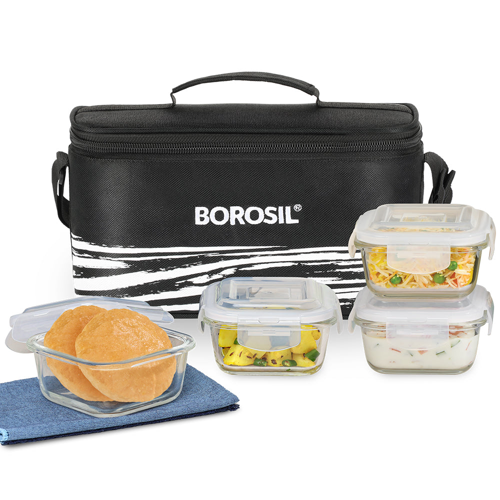 Borosil Steller Black Lunch Bag, Square x 4