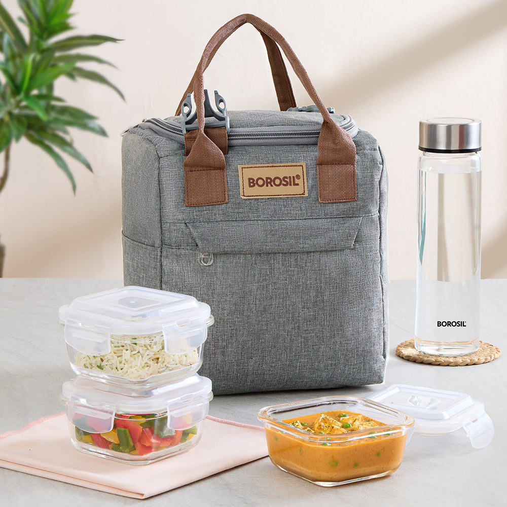 Gourmet Square Glass Lunch Box with Glass Bottle