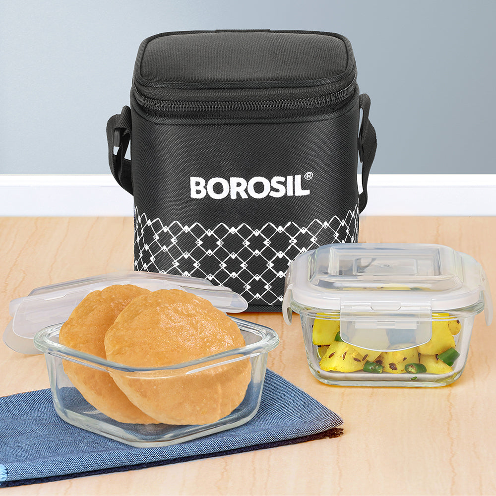 Borosil Zeal Black Lunch Bag, Square x 2 (Tall)