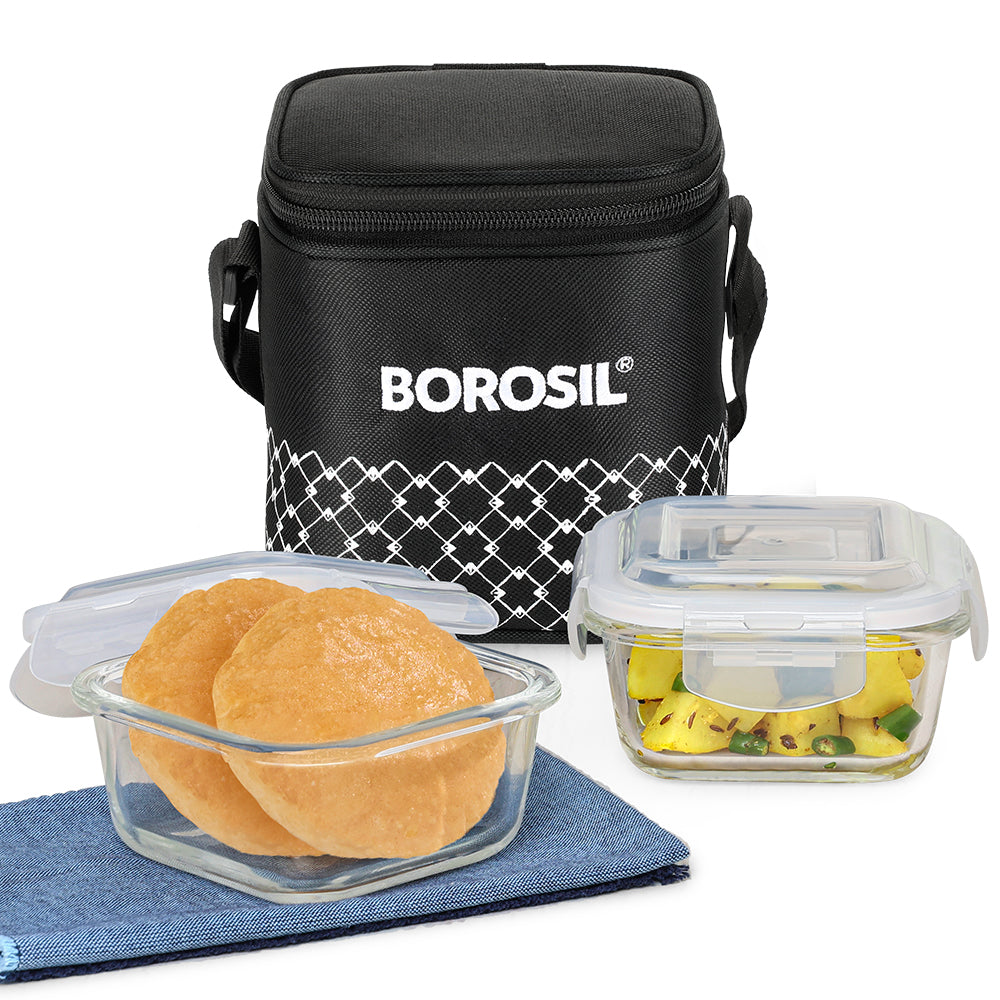 Borosil Zeal Black Lunch Bag, Square x 2 (Tall)