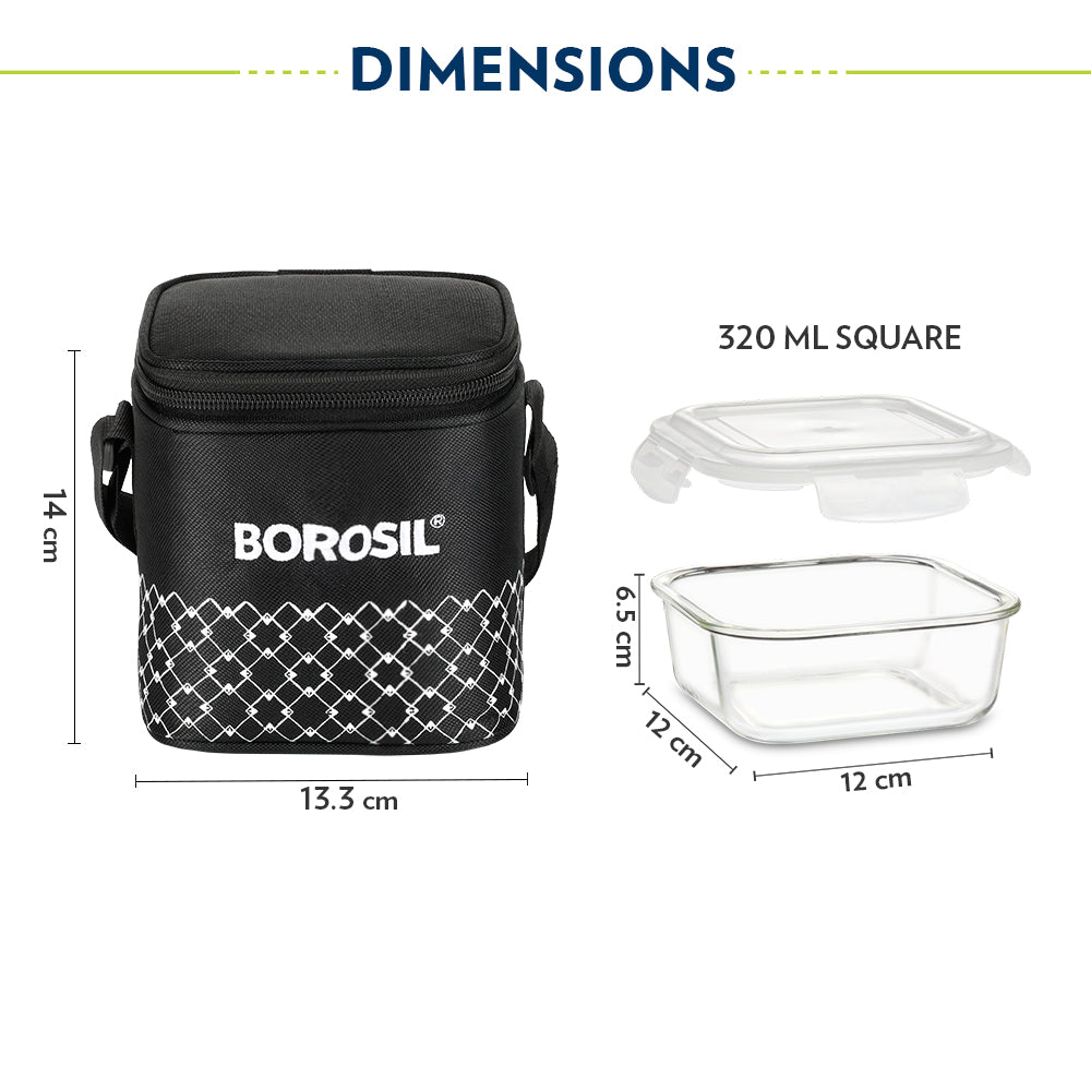Borosil Zeal Black Lunch Bag, Square x 2 (Tall)