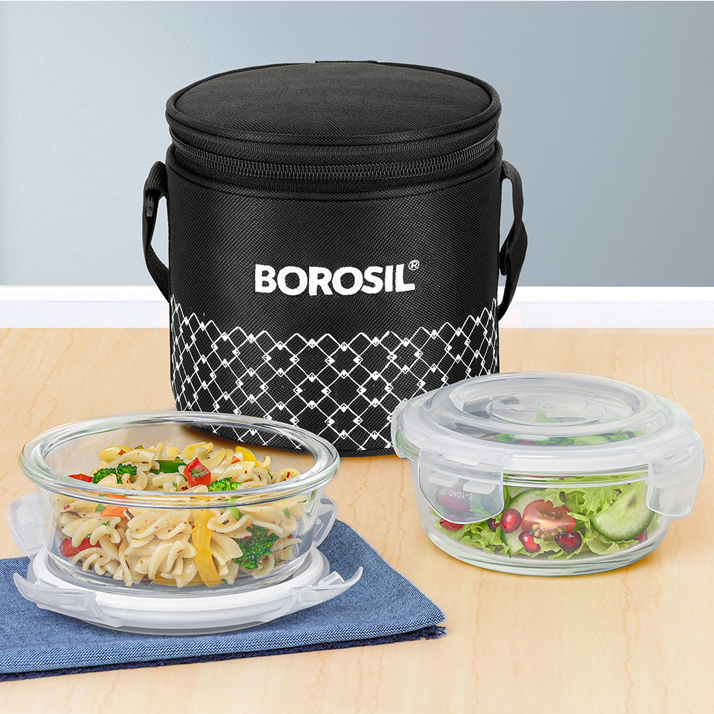 Borosil Zeal Black Lunch Bag, Round x 2 (Tall)