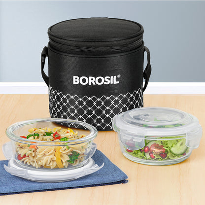 Borosil Zeal Black Lunch Bag, Round x 2 (Tall)