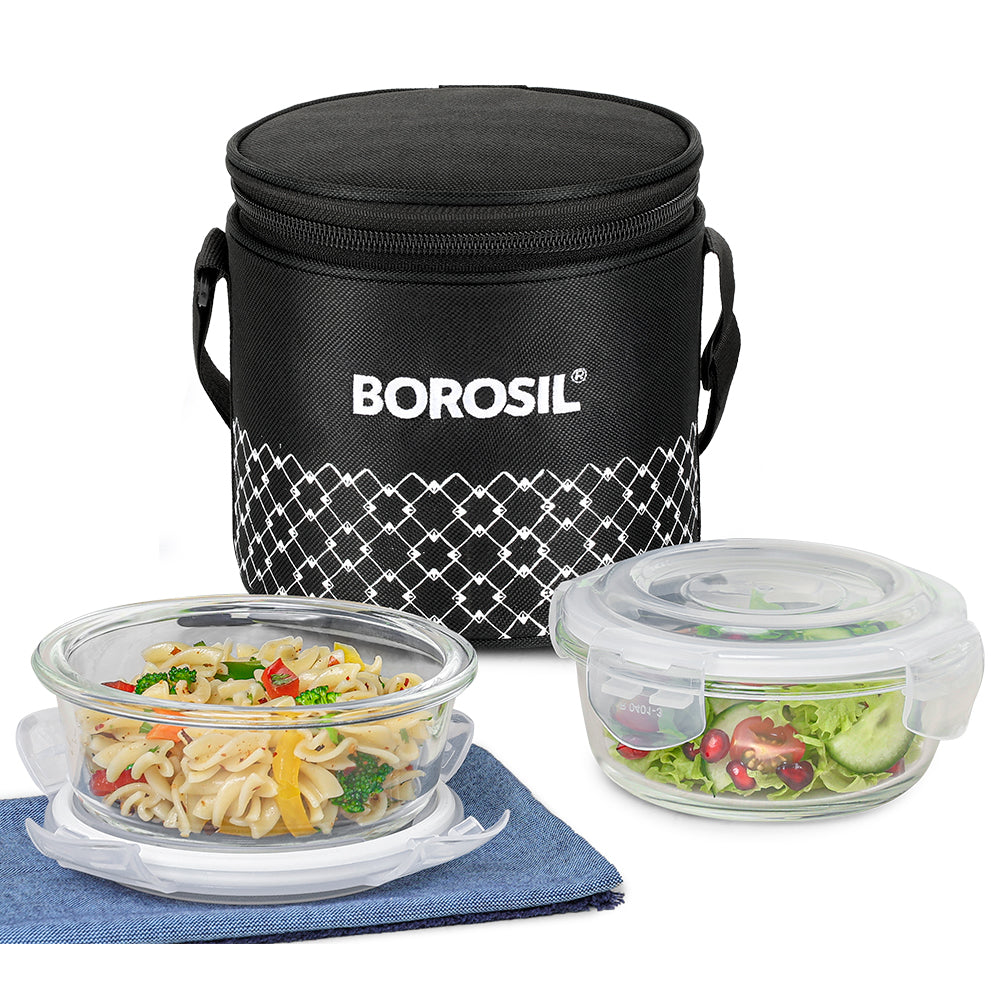 Borosil Zeal Black Lunch Bag, Round x 2 (Tall)