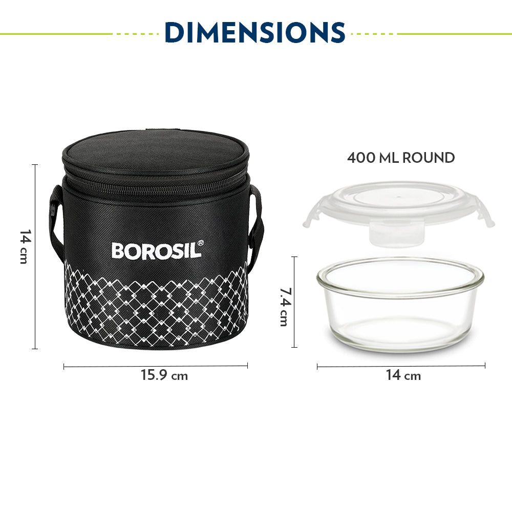 Borosil Zeal Black Lunch Bag, Round x 2 (Tall)
