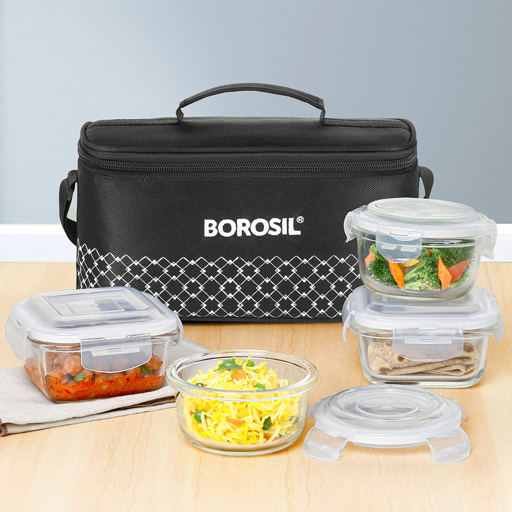 Borosil Zeal Black Lunch Bag, Universal, Set of 4