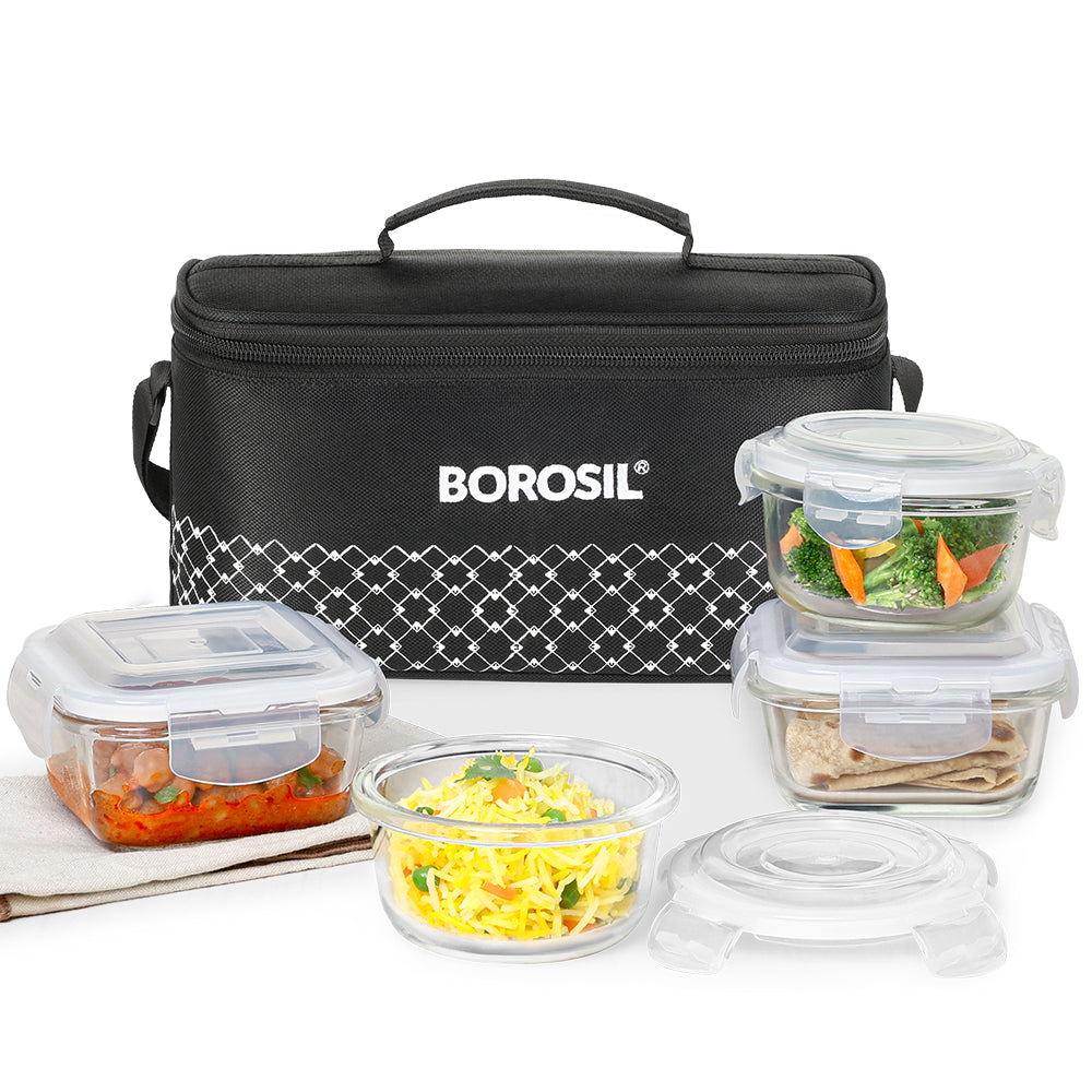 Borosil Zeal Black Lunch Bag, Universal, Set of 4