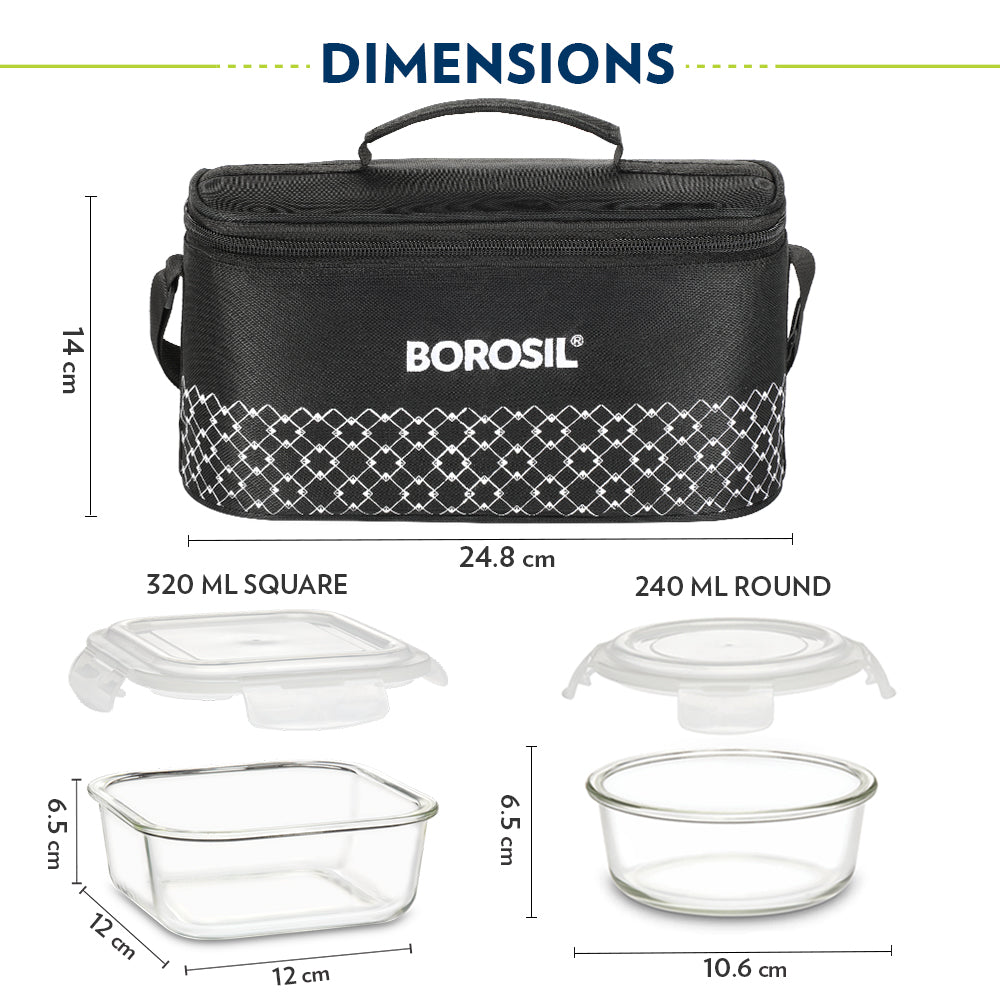 Borosil Zeal Black Lunch Bag, Universal, Set of 4