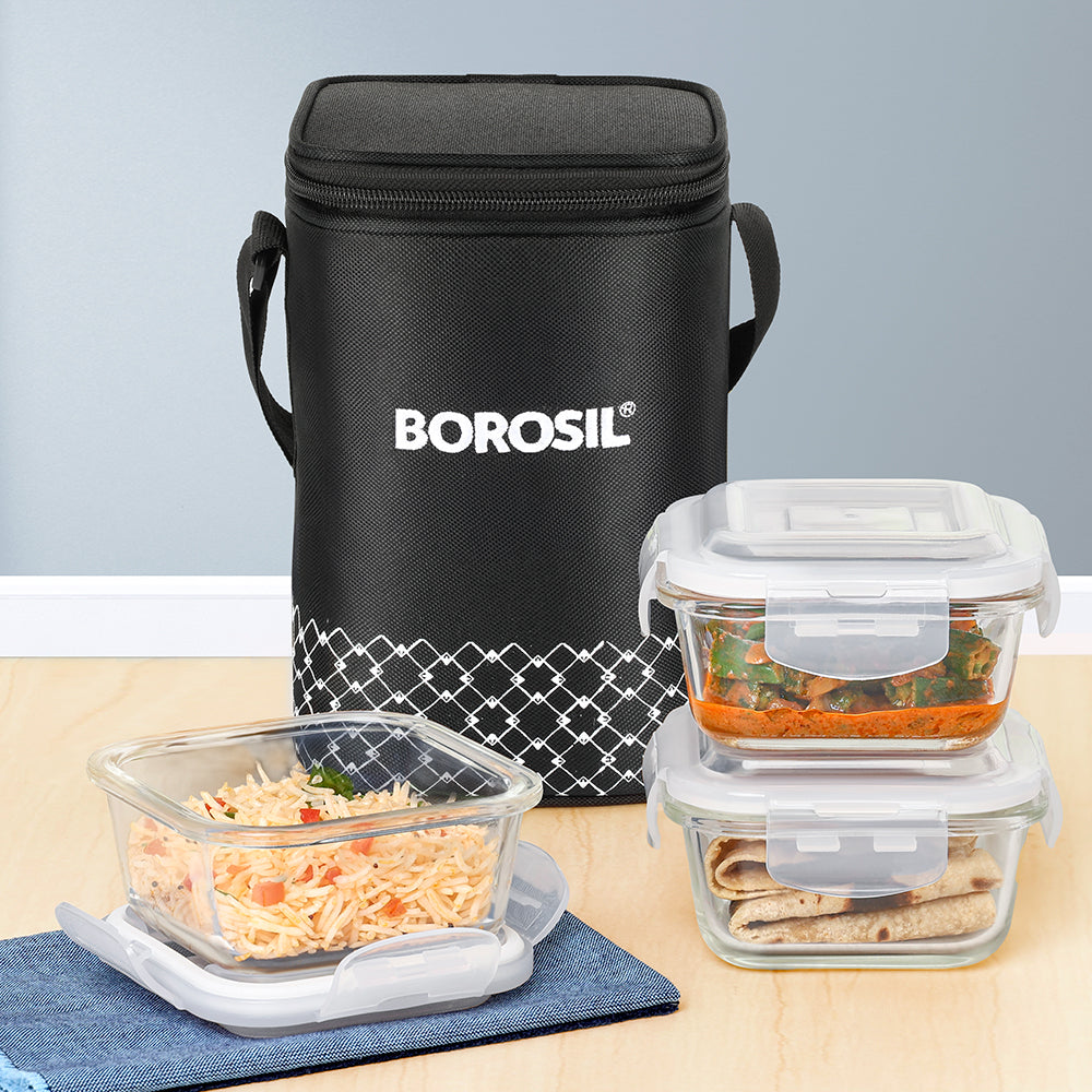 Borosil Zeal Black Lunch Bag, Square x 3 (Tall)