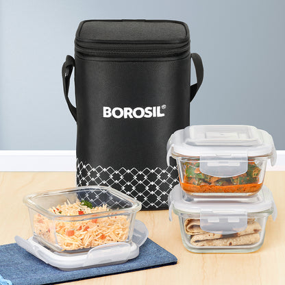 Borosil Zeal Black Lunch Bag, Square x 3 (Tall)