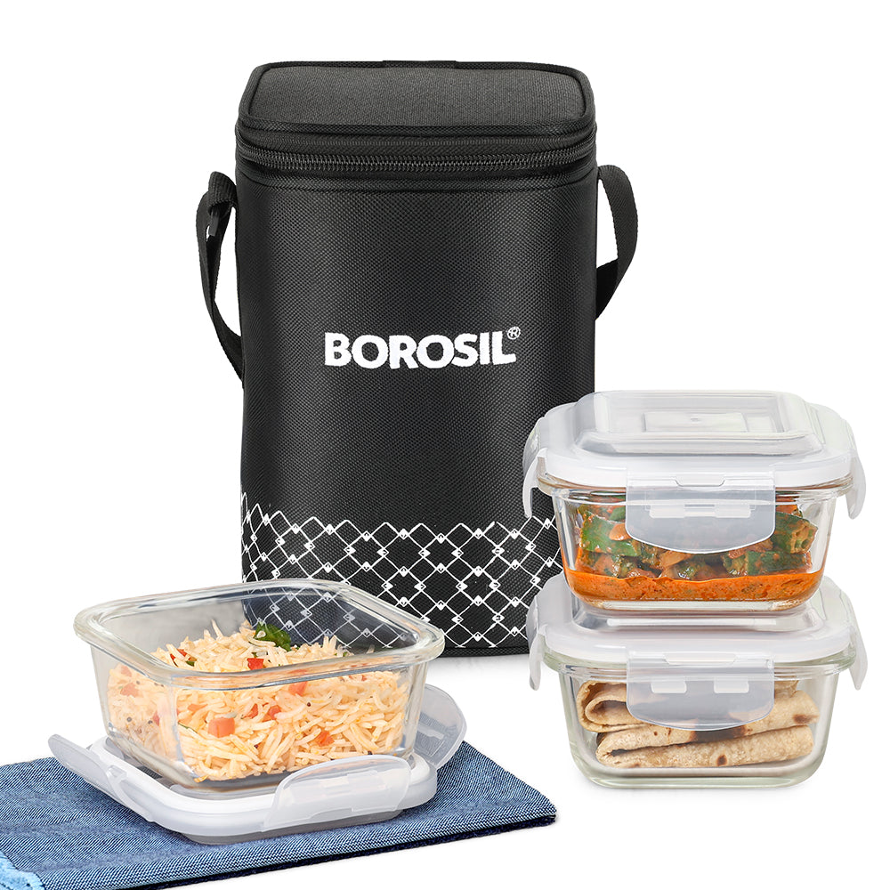 Borosil Zeal Black Lunch Bag, Square x 3 (Tall)