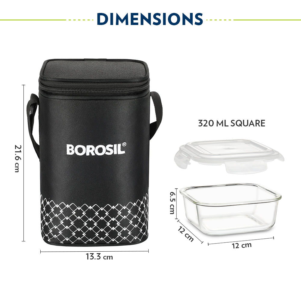 Borosil Zeal Black Lunch Bag, Square x 3 (Tall)