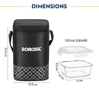 Borosil Zeal Black Lunch Bag, Square x 3 (Tall)