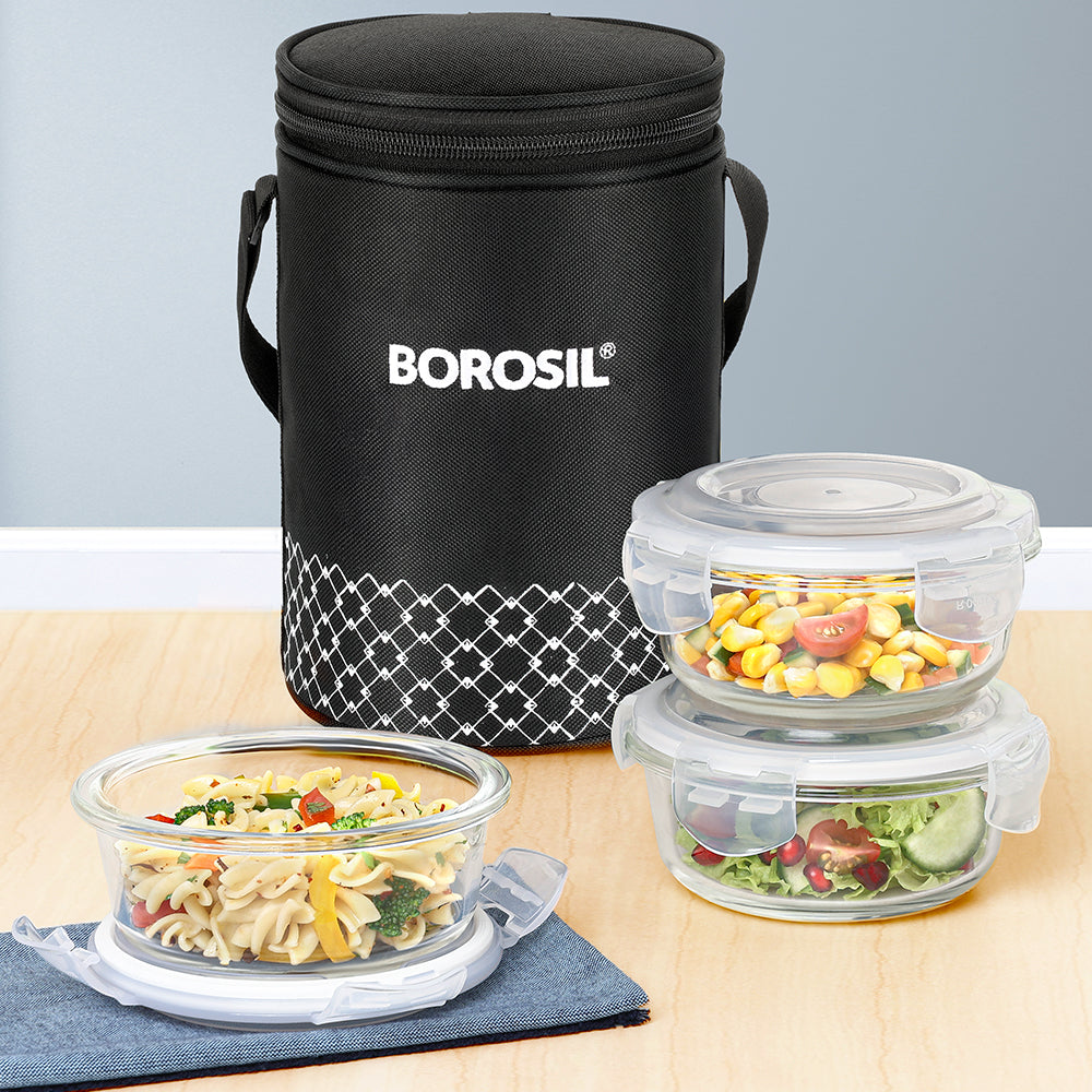 Borosil Zeal Black Lunch Bag, Round x 3 (Tall)