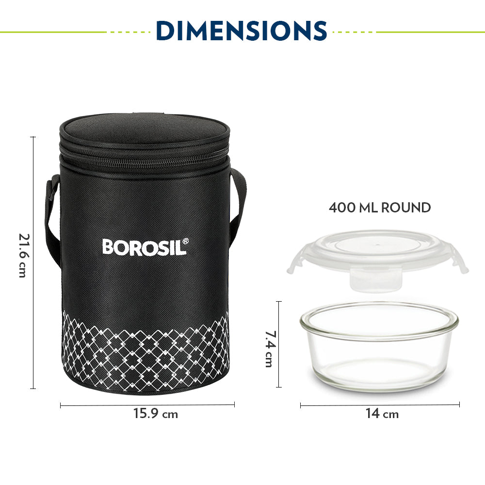 Borosil Zeal Black Lunch Bag, Round x 3 (Tall)