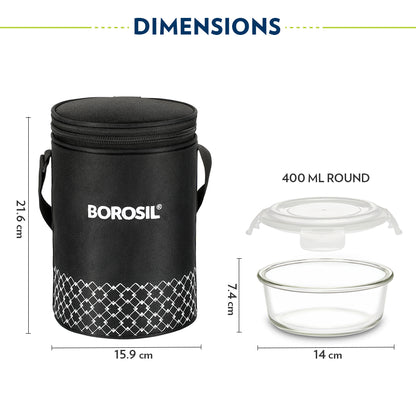 Borosil Zeal Black Lunch Bag, Round x 3 (Tall)