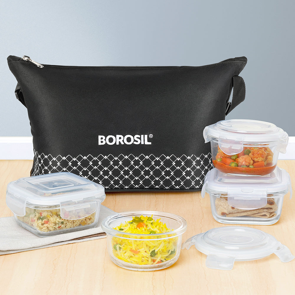 Borosil Zeal Black Lunch Bag, Daisy, Set of 4