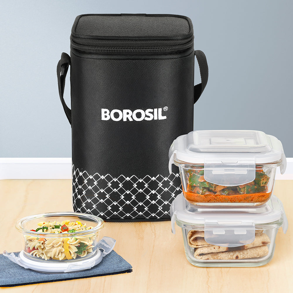 Borosil Zeal Black Lunch Bag, Set of 3 (Tall)
