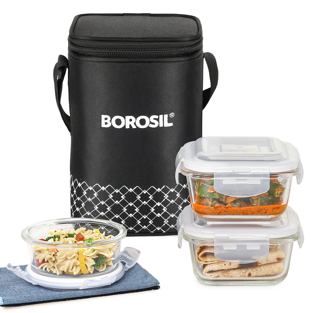 Borosil Zeal Black Lunch Bag, Set of 3 (Tall)