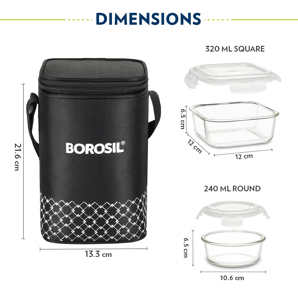 Borosil Zeal Black Lunch Bag, Set of 3 (Tall)