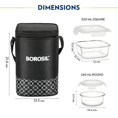 Borosil Zeal Black Lunch Bag, Set of 3 (Tall)