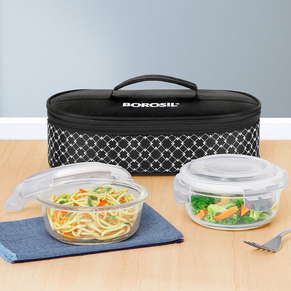 Borosil Zeal Black Lunch Bag, Round x 2 (Flat)
