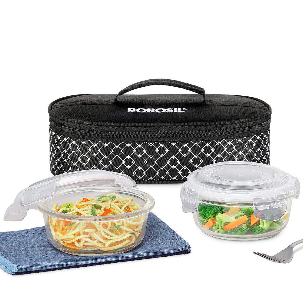 Borosil Zeal Black Lunch Bag, Round x 2 (Flat)