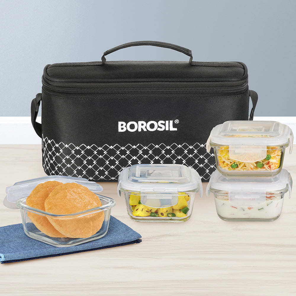 Borosil Zeal Black Lunch Bag, Square x 4