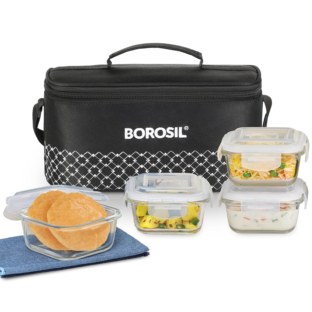 Borosil Zeal Black Lunch Bag, Square x 4