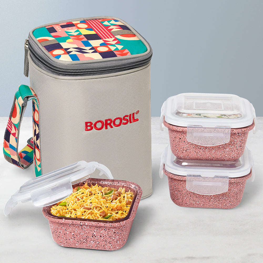 Borosil Kube Pink Glass Lunch Box, Square x 3 (Tall), Set of 3, 320ml