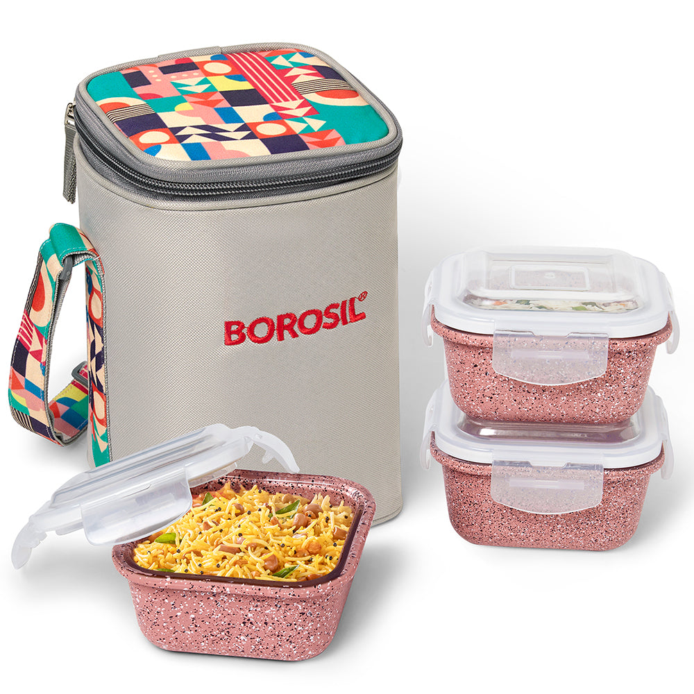 Borosil Kube Pink Glass Lunch Box, Square x 3 (Tall), Set of 3, 320ml