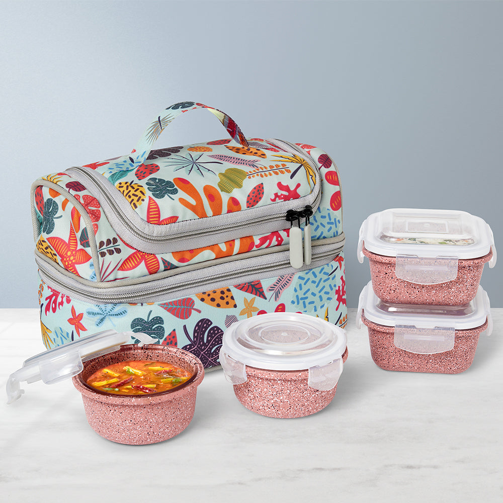 Borosil Bloom Pink Universal Glass Lunchbox, 320ml x 2 + 240ml x 2