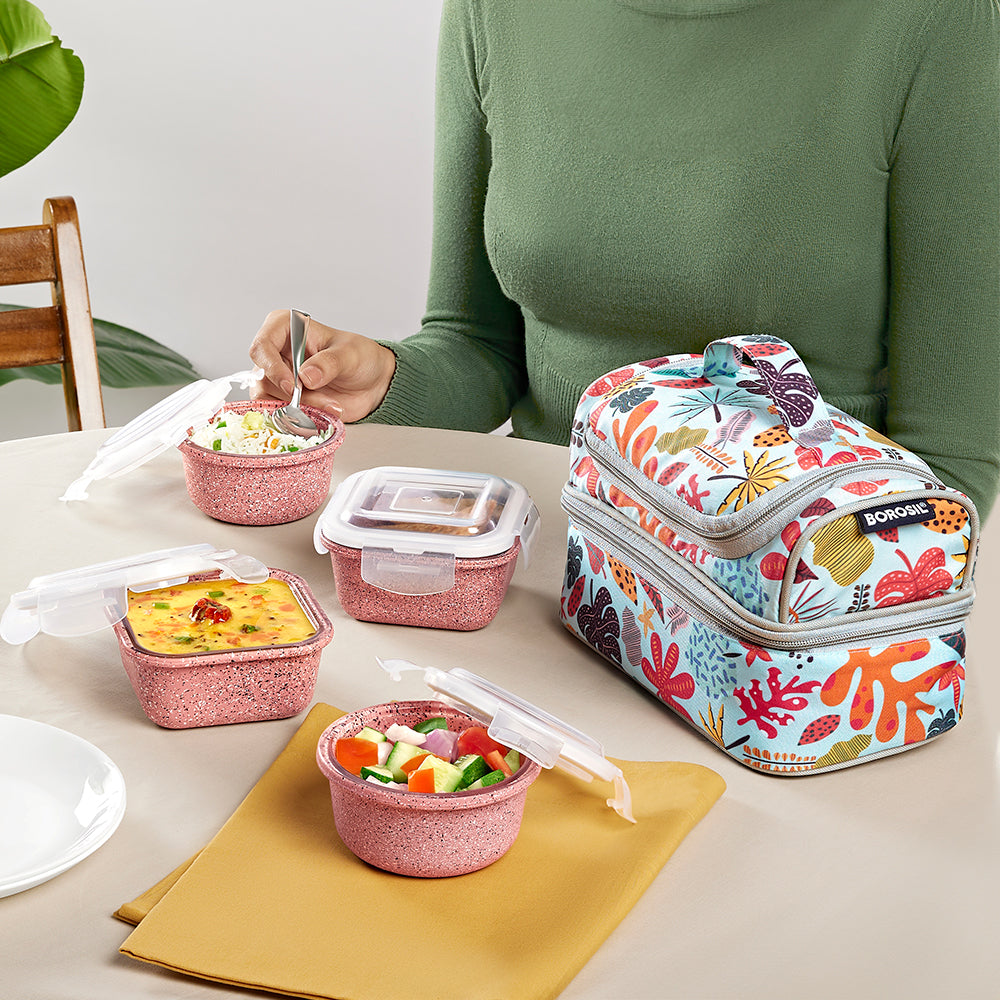 Borosil Bloom Pink Universal Glass Lunchbox, 320ml x 2 + 240ml x 2