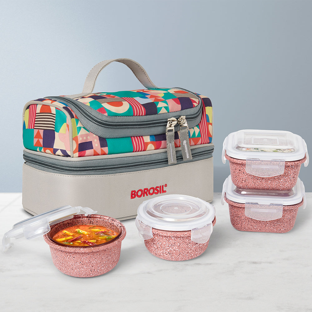 Borosil Kube Pink Universal Glass Lunchbox, 320ml x 2 + 240ml x 2