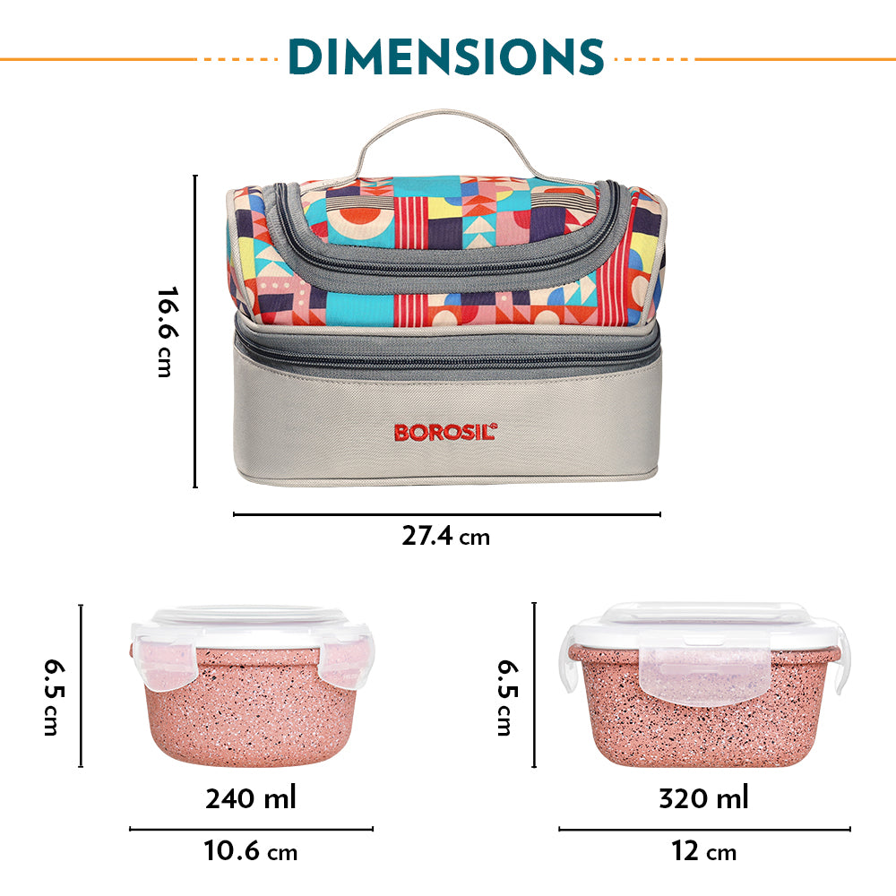 Borosil Kube Pink Universal Glass Lunchbox, 320ml x 2 + 240ml x 2