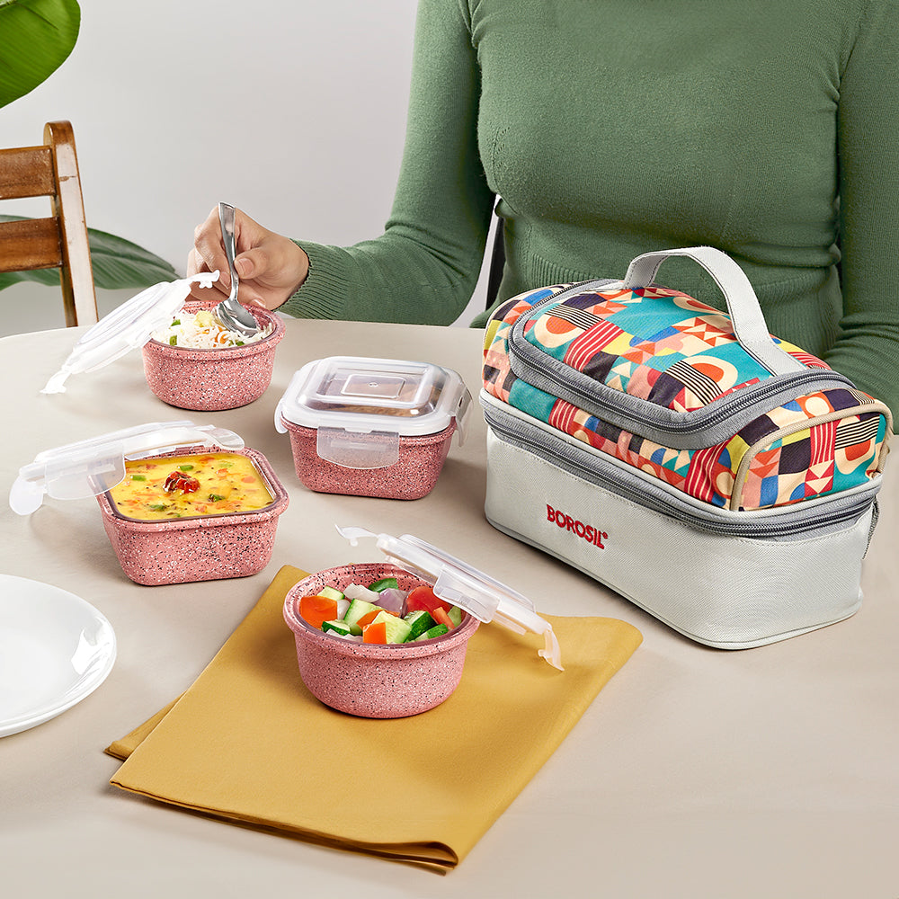 Borosil Kube Pink Universal Glass Lunchbox, 320ml x 2 + 240ml x 2