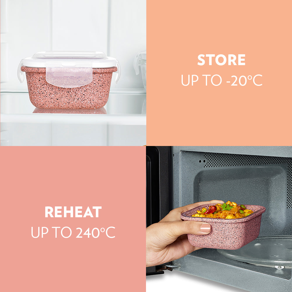 Borosil Kube Pink Universal Glass Lunchbox, 320ml x 2 + 240ml x 2