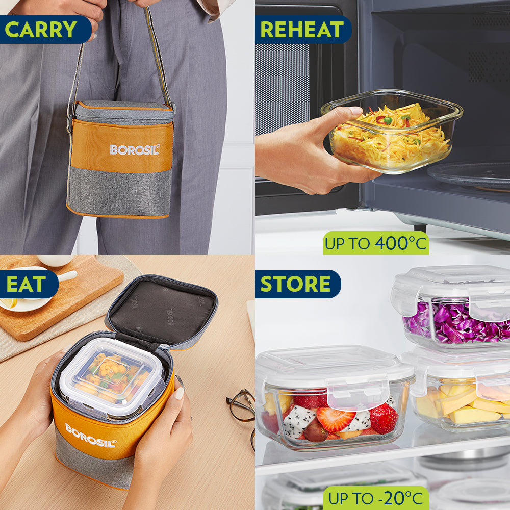 Borosil Zest Lunch Bag, Square x 2 (Tall)