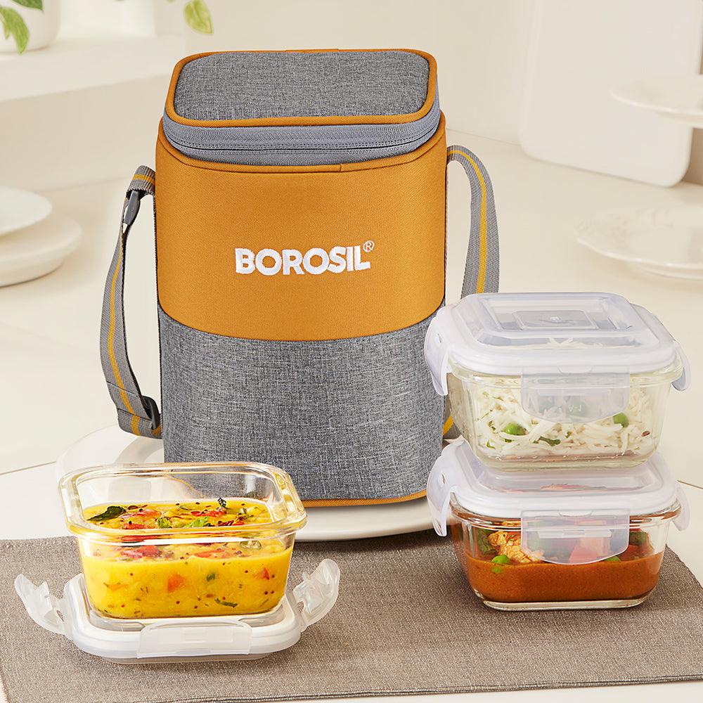 Borosil Zest Lunch Bag, Square x 3 (Tall)
