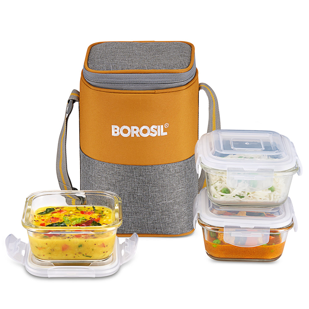 Borosil Zest Lunch Bag, Square x 3 (Tall)