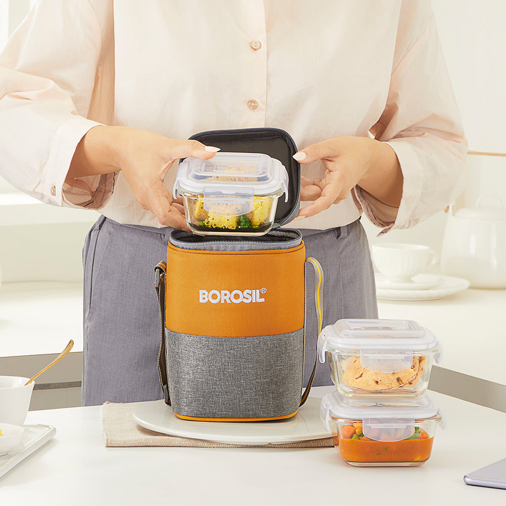 Borosil Zest Lunch Bag, Square x 3 (Tall)
