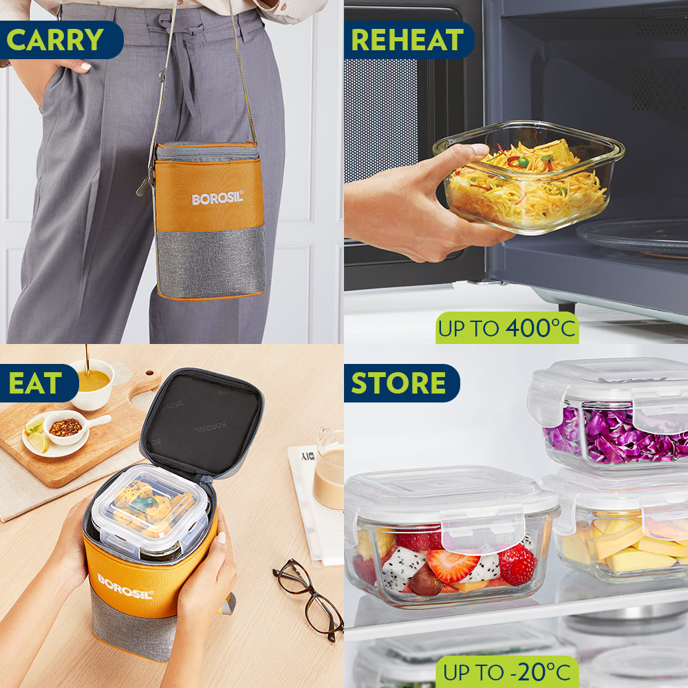 Borosil Zest Lunch Bag, Square x 3 (Tall)