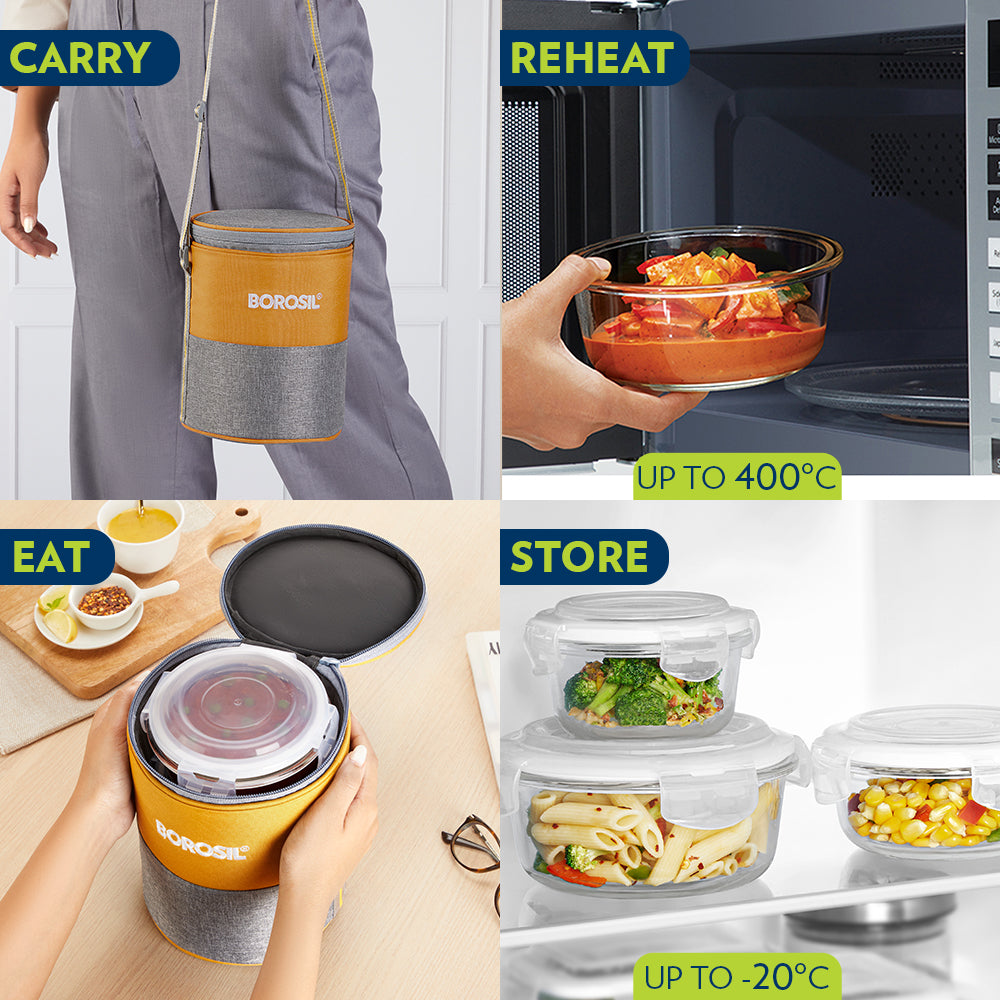 Borosil Zest Lunch Bag, Round x 3 (Tall)