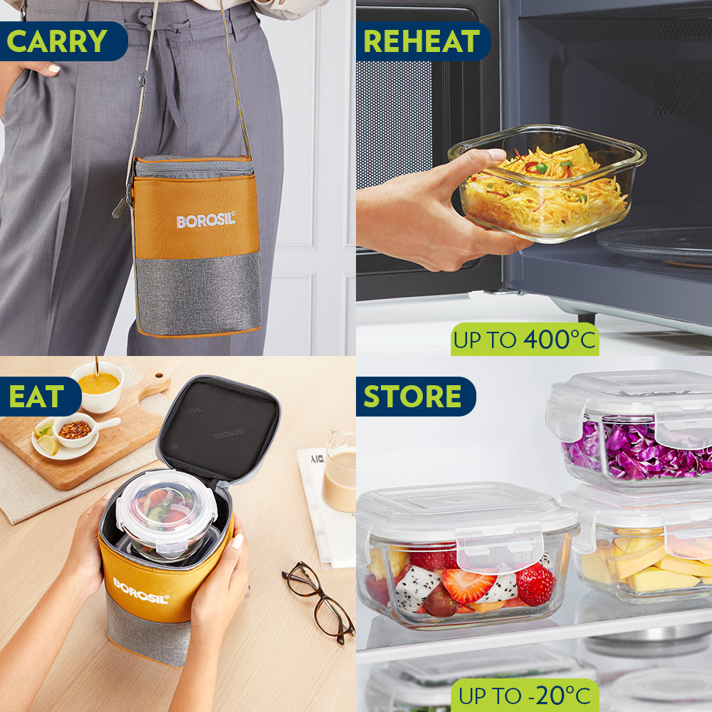 Borosil Zest Lunch Bag, Set of 3 (Tall)