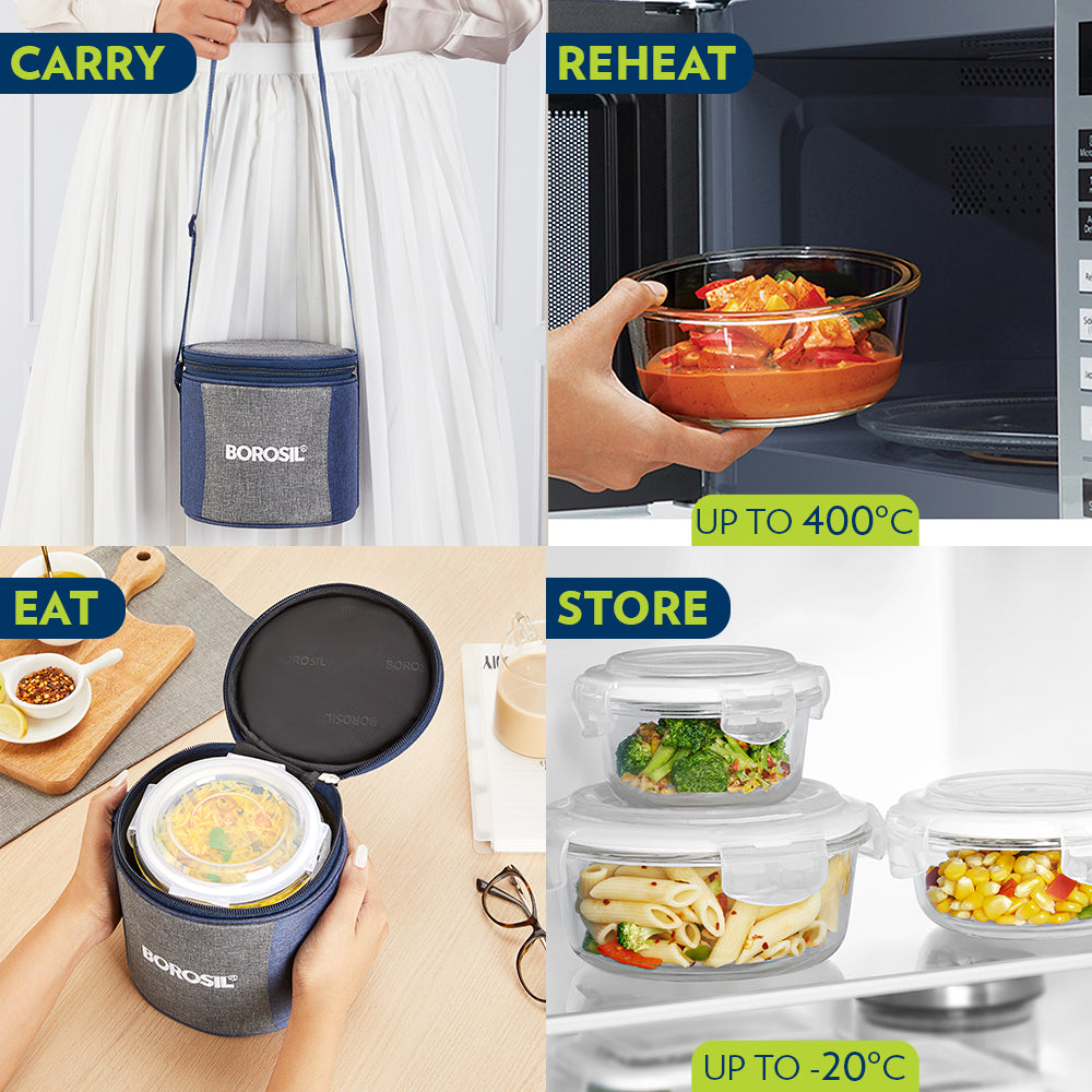 Borosil Alora Lunch Bag, Round x 2 (Tall)