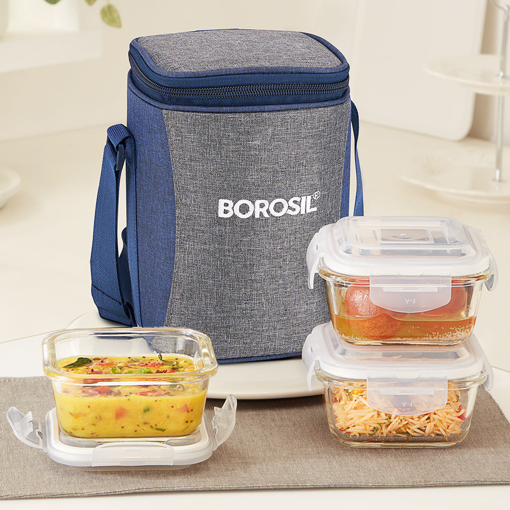 Borosil Alora Lunch Bag, Square x 3 (Tall)