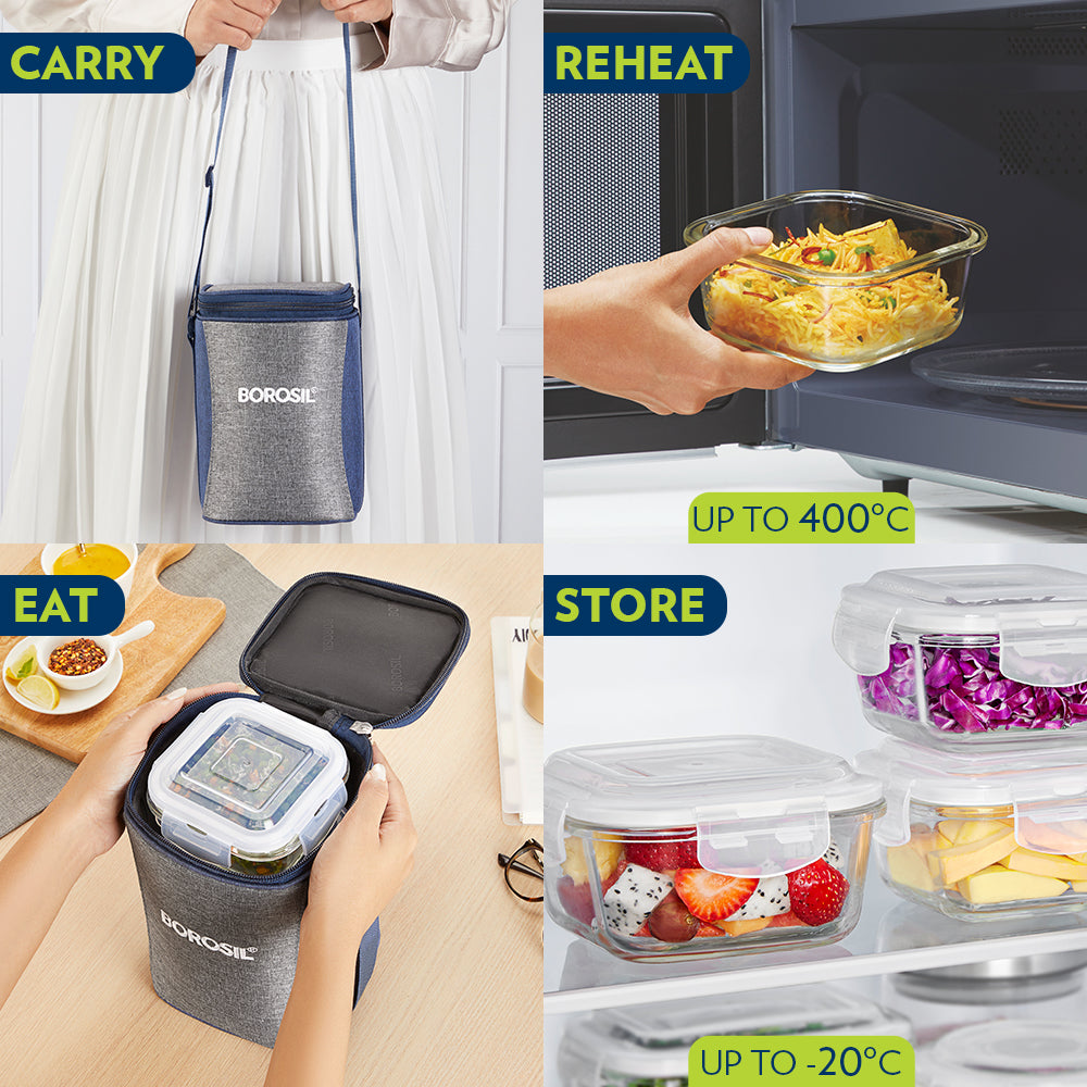 Borosil Alora Lunch Bag, Square x 3 (Tall)